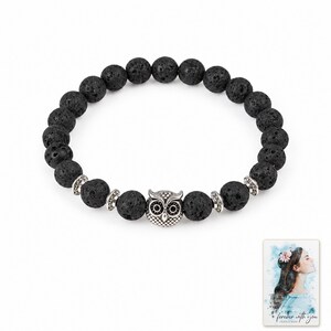 Black Lava Bead Bracelet, shown against a light background. A sample personalized digital greeting card is shown alongside.