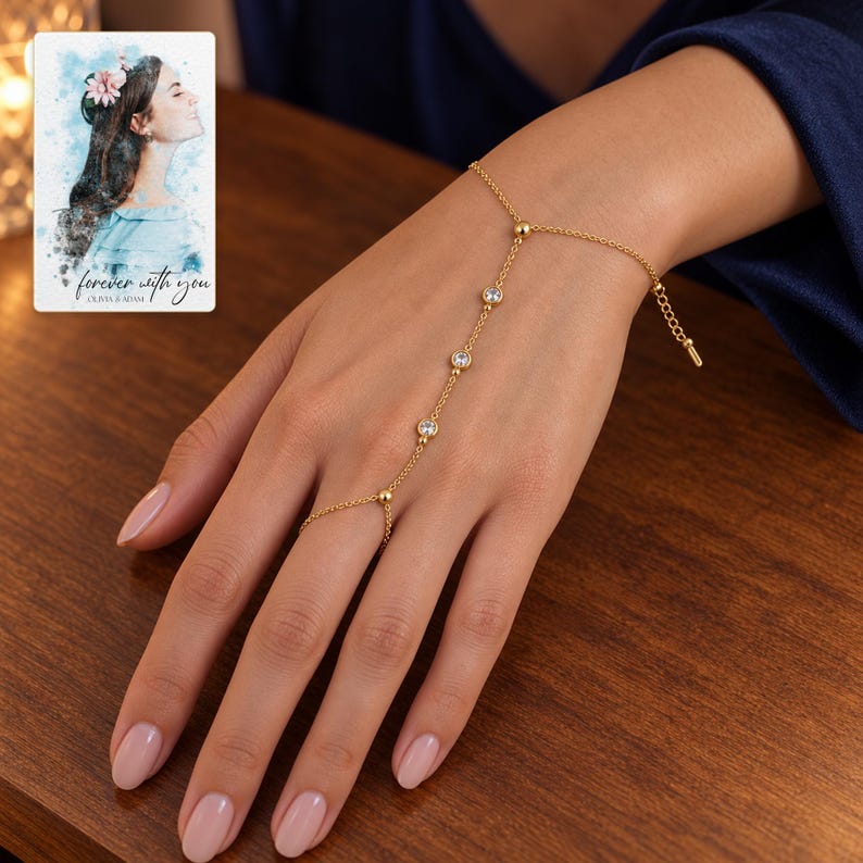 Golden Three stone style Hand Chain worn by an adult in a polished evening lifestyle scene. A personalized digital greeting card is shown alongside.