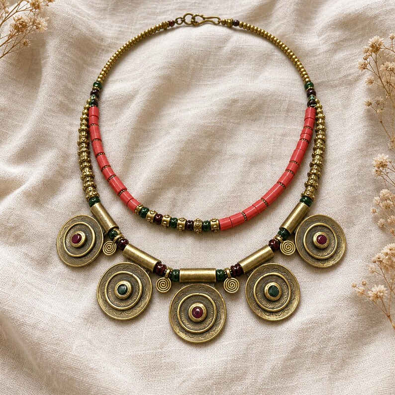 Brown and Bronze Statement Beaded Necklace presented in an open jewelry gift box on natural linen