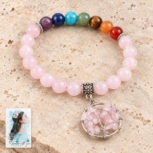 Pink Bead Tree Charm Bracelet, shown on a display surface. A sample personalized digital greeting card is shown alongside.