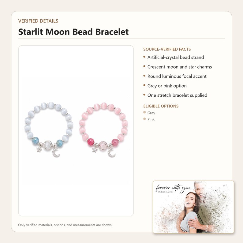 Puede incluir: Pulsera de cuentas Starlit Moon con cuentas de cristal artificial en gris o rosa. Cada pulsera el&aacute;stica incluye un acento focal redondo y luminoso, adem&aacute;s de dijes de luna creciente y estrella plateados. El texto dice Starlit Moon Bead Bracelet.
