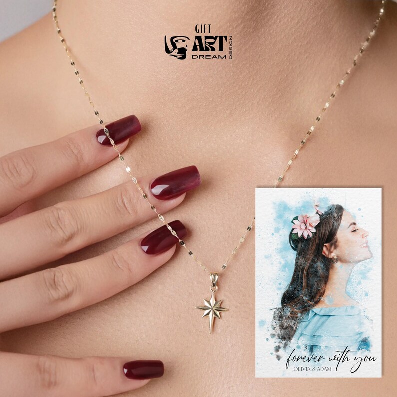 May include: A delicate gold necklace with a starburst pendant. The image includes a small watercolor portrait with the text "forever with you" and the names Olivia & Adam. The nails are painted a deep red.