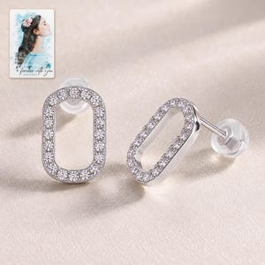 Rounded Rectangle Stud Earrings, close-up of the details. A sample personalized digital greeting card is shown alongside.