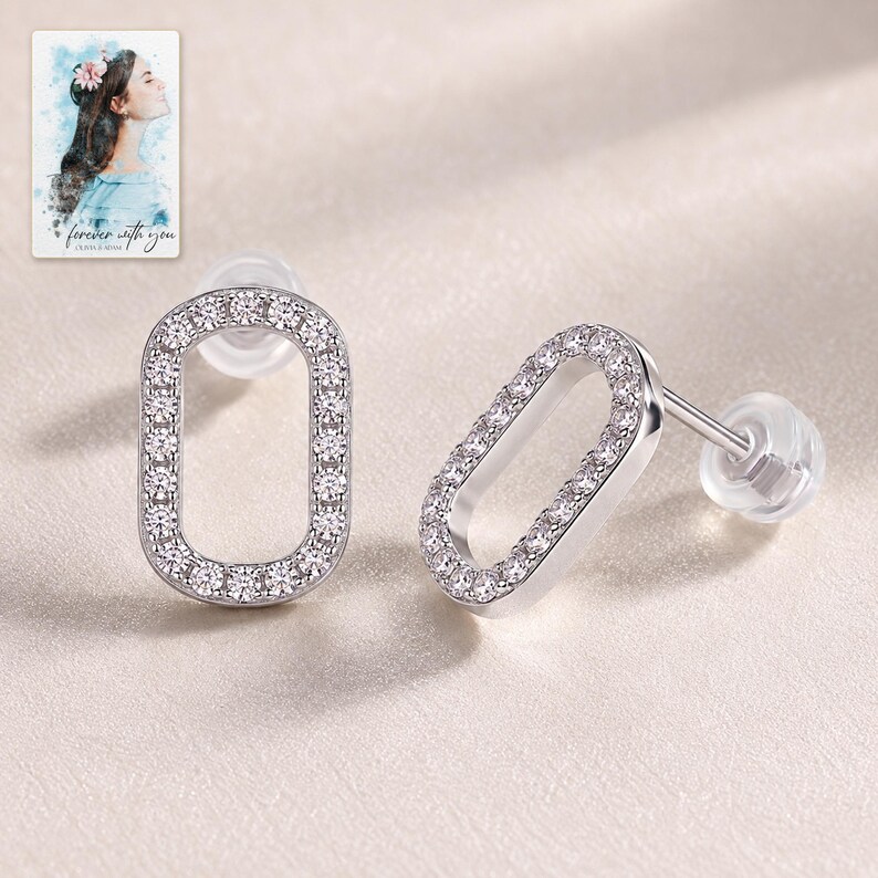 Rounded Rectangle Stud Earrings, close-up of the details. A sample personalized digital greeting card is shown alongside.