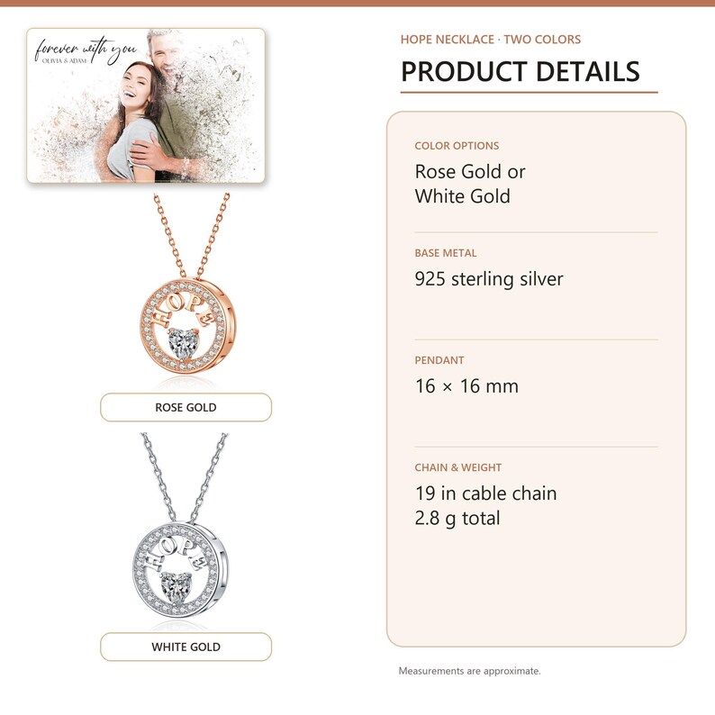White Gold color HOPE heart pendant arranged on soft ivory linen in a refined neutral flat lay.