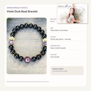 May include: A Violet Dusk bead bracelet featuring 8 mm glossy black round beads, accented with purple, pale yellow, and lavender beads. The elastic stretch bracelet includes a single prominent purple bead and metallic spacers arranged in a circular pattern.
