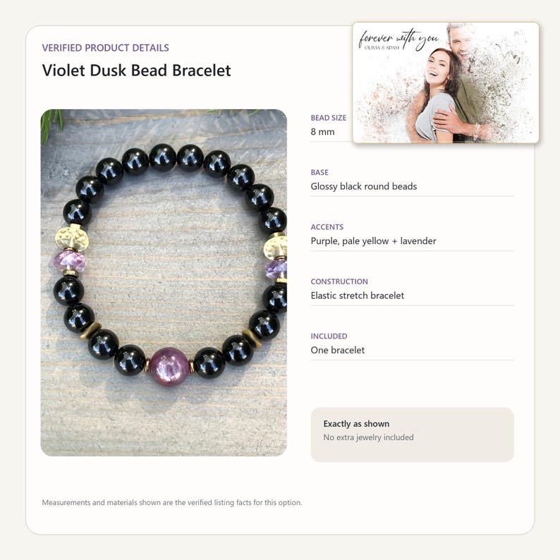 May include: A Violet Dusk bead bracelet featuring 8 mm glossy black round beads, accented with purple, pale yellow, and lavender beads. The elastic stretch bracelet includes a single prominent purple bead and metallic spacers arranged in a circular pattern.