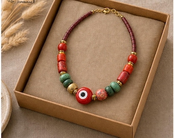 Red Evil Eye Beaded Necklace, Chunky Boho Choker