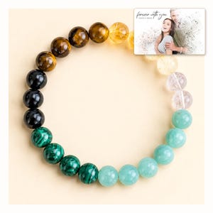 Aqua, yellow, black and green round bead bracelet, design B, shown with an optional personalized digital greeting card.
