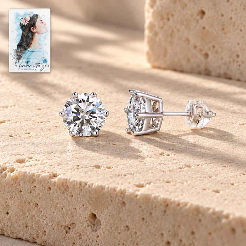 Moissanite Stud Earrings, shown in natural light. A sample personalized digital greeting card is shown alongside.