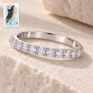 Moissanite Half Eternity Ring, shown on a display surface. A sample personalized digital greeting card is shown alongside.