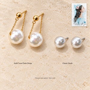 Pearl Style Earrings, variation comparison view. A personalized digital greeting card is shown alongside.