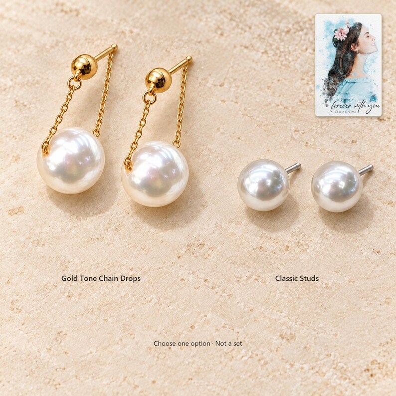 Pearl Style Earrings, variation comparison view. A personalized digital greeting card is shown alongside.