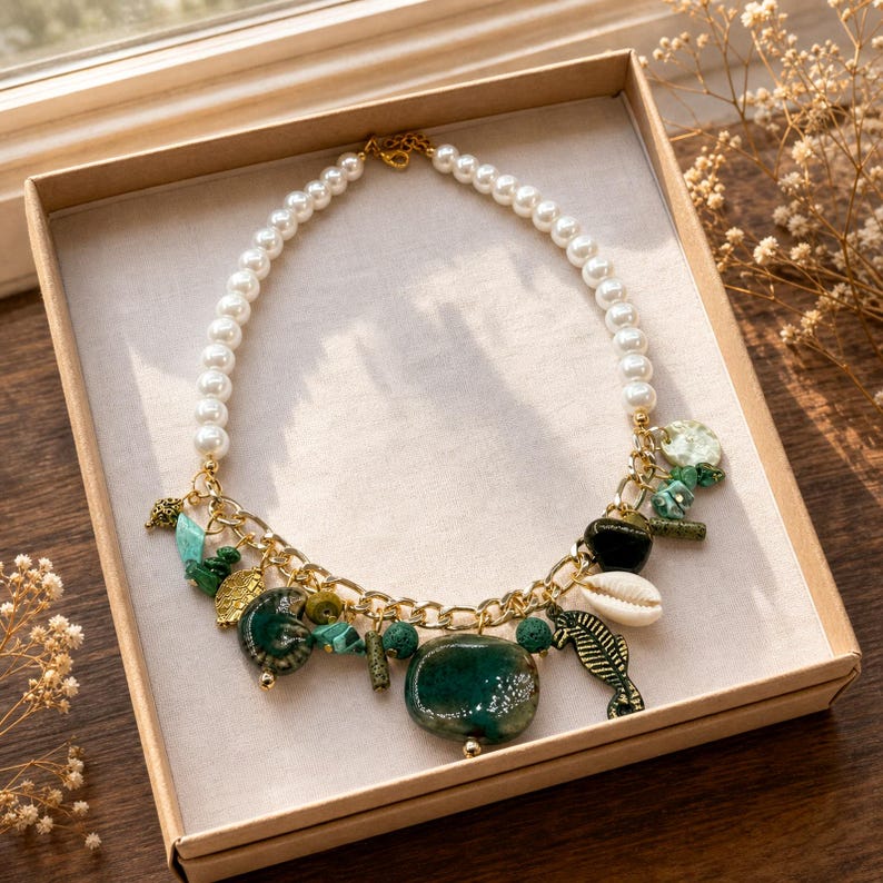 White pearl green stone shell and fish charm statement necklace worn with an ivory linen top in warm natural window light