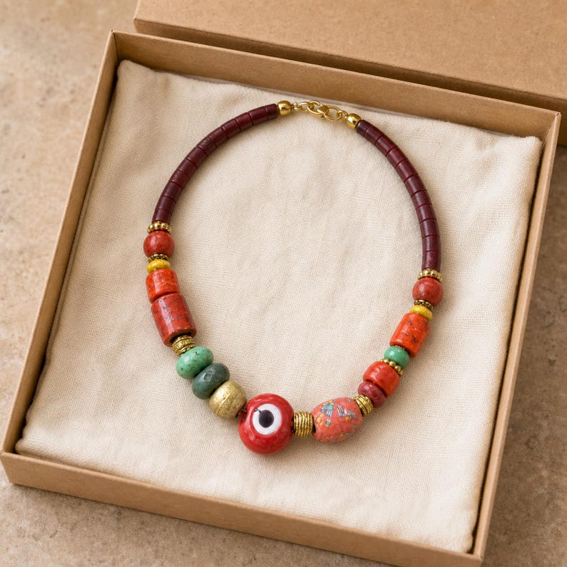 Red green and antique gold chunky necklace with central red evil eye bead worn with an ivory linen top in warm natural window light