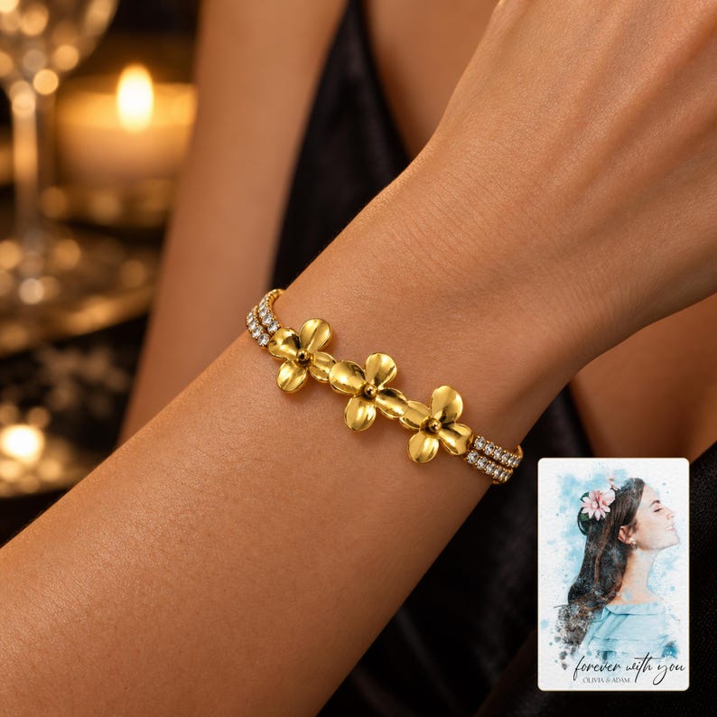 Gold Tone Flower Bracelet, human lifestyle view. A personalized digital greeting card is shown alongside.
