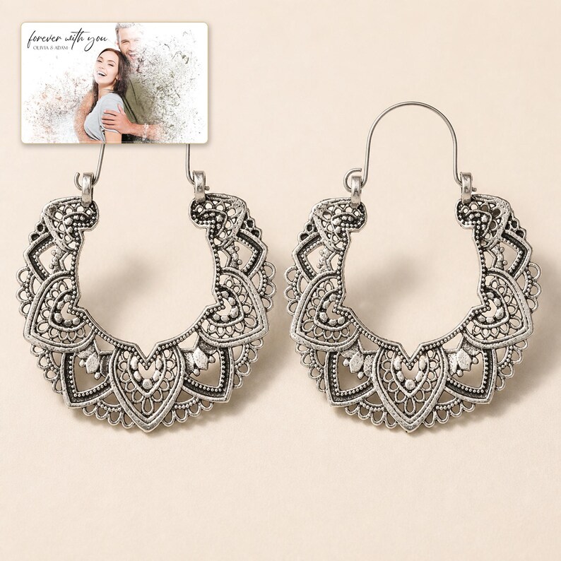 Antique Lace Boho Hoops photographed in warm natural window light in an elegant home setting.