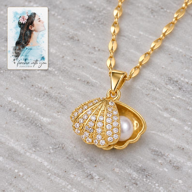 Shell Shaped Necklace, macro detail view. A personalized digital greeting card is shown alongside.