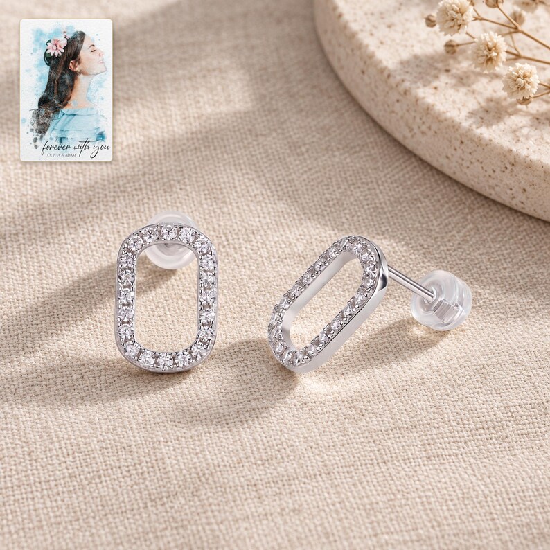 Rounded Rectangle Stud Earrings, laid on fabric. A sample personalized digital greeting card is shown alongside.