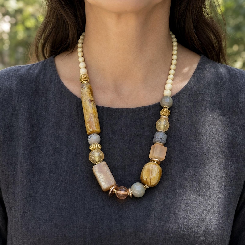 Three-piece handmade necklace set featuring beige and brown beaded necklace, beige and brown beaded necklace and orange and brown beaded necklace, displayed together to show the coordinated colors and beadwork