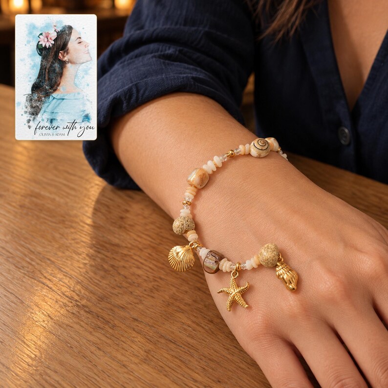 Shell Charm Bracelet, worn with evening clothing. A sample personalized digital greeting card is shown alongside.