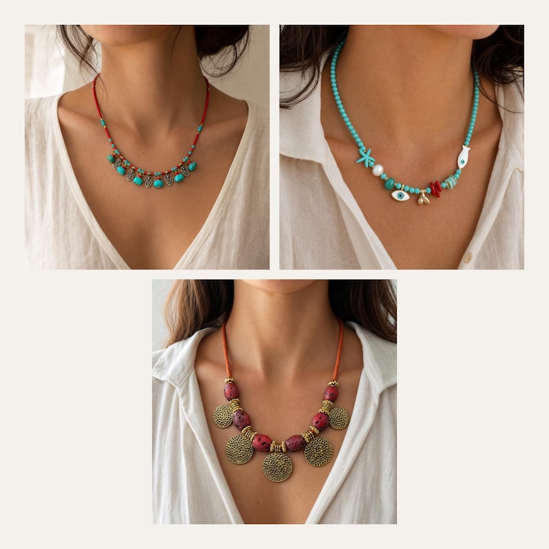 Halsband med turkosa och röda pärlor, guldfärgade bohemiska smycken 3 piece set