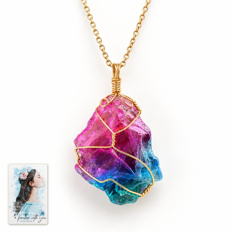 Rainbow Stone Necklace, shown against a light background. A sample personalized digital greeting card is shown alongside.