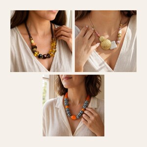May include: A collection of three necklaces featuring diverse designs. One necklace has brown and yellow beads, another displays gold-toned hammered metal discs and textured shapes, and the third features orange and black-and-white striped beads.
