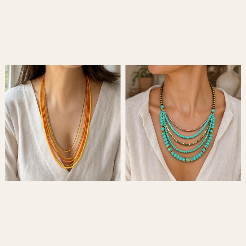 May include: A multi-strand necklace featuring vibrant orange and yellow beads on the left, and a multi-strand necklace with bright turquoise beads and metallic gold-toned accents on the right, both worn against a plain white shirt.