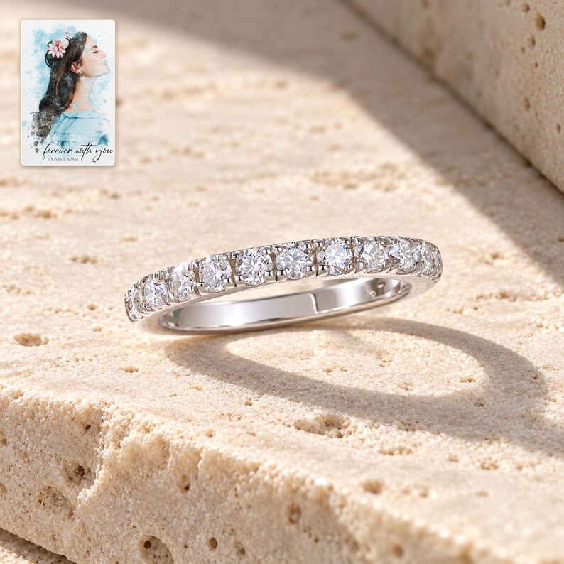 Moissanite Half Eternity Ring, shown in natural light. A sample personalized digital greeting card is shown alongside.