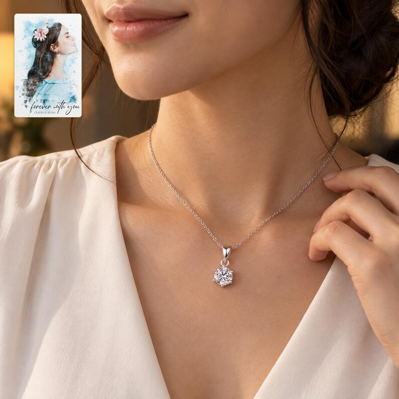 Moissanite Pendant Necklace, worn with evening clothing. A sample personalized digital greeting card is shown alongside.