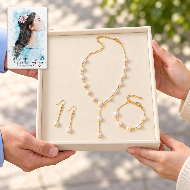 pearl style Occasion Jewelry Set shown during a believable gift-giving moment between adults with the jewelry visible. A personalized digital greeting card is shown alongside.