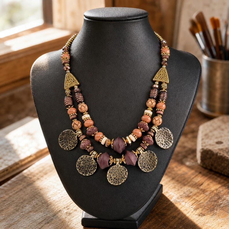 Rose Gold and Bronze Statement Beaded Necklace presented in an open jewelry gift box on natural linen