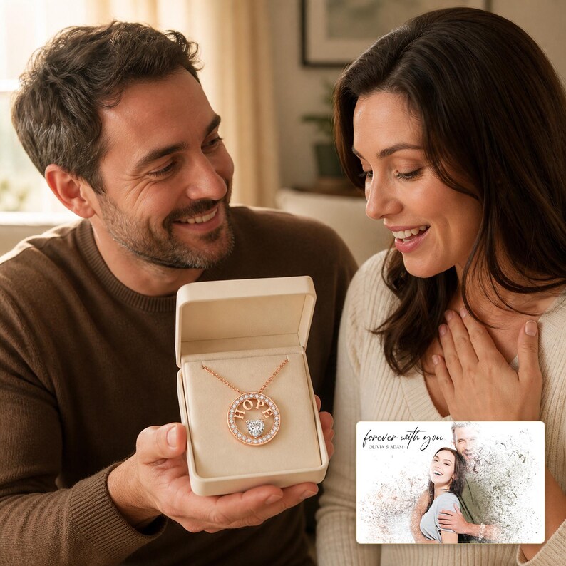Adult man giving the Rose Gold HOPE necklace in an open jewelry box to an adult woman.