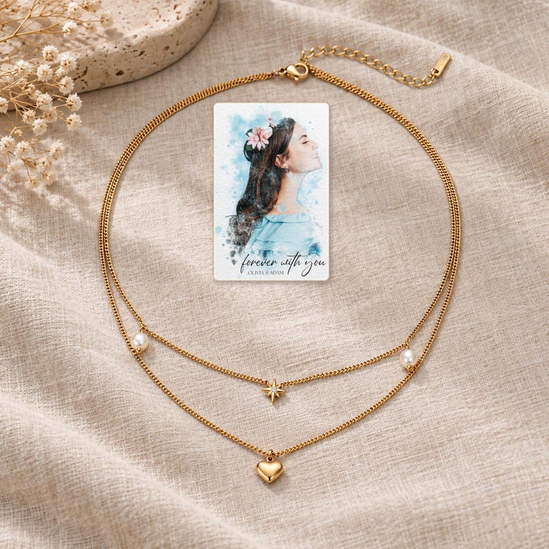 Layered Heart Necklace, laid on fabric. A sample personalized digital greeting card is shown alongside.
