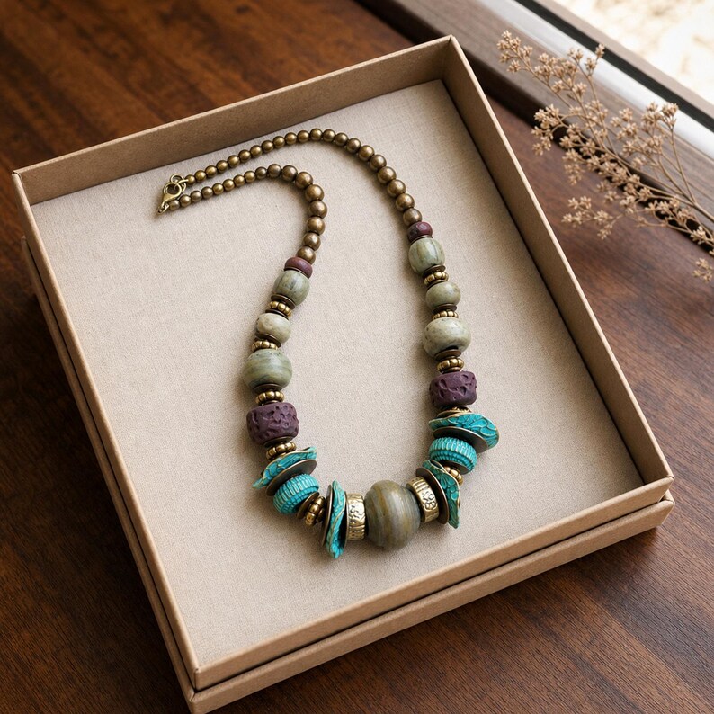 Op de afbeelding: Een ketting met een mix van ronde koperkleurige kralen, gladde saliegroene bollen, getextureerde donkerpaarse poreuze kralen en levendige turquoise schijfvormige onderdelen. Het sieraad bevat metalen tussenstukjes en een karabijnsluiting.