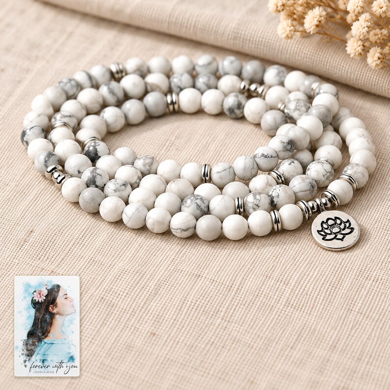 White Bead Wrap Bracelet, laid on fabric. A sample personalized digital greeting card is shown alongside.