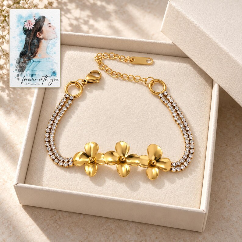 Gold Tone Flower Bracelet, gift box view. A personalized digital greeting card is shown alongside.