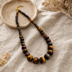 Gift ready presentation of Brown and Gray Statement Beaded Necklace, Boho Handmade Jewelry, Artisan Gift for Her in an open jewelry box lined with natural ivory linen