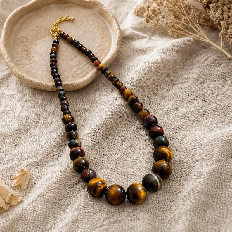 Gift ready presentation of Brown and Gray Statement Beaded Necklace, Boho Handmade Jewelry, Artisan Gift for Her in an open jewelry box lined with natural ivory linen