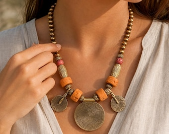 Rose Gold Tone and Gray Boho Beaded Necklace, Layered Artisan Jewelry