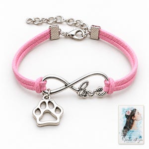 Infinity Love Paw Bracelet, shown against a light background. A sample personalized digital greeting card is shown alongside.