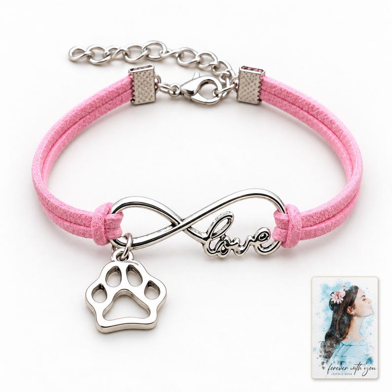Infinity Love Paw Bracelet, shown against a light background. A sample personalized digital greeting card is shown alongside.