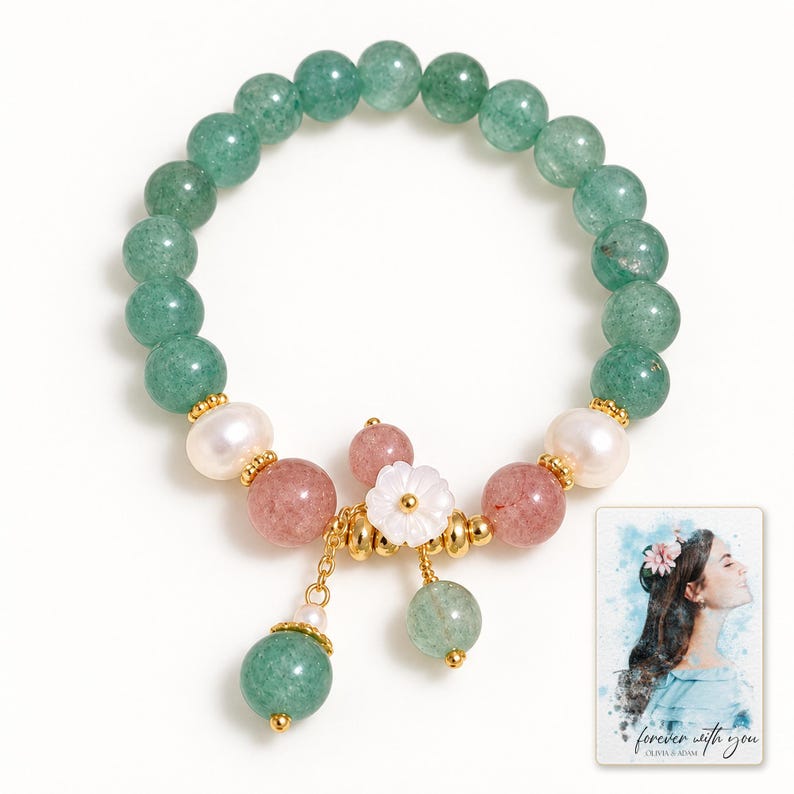 Forest Strawberry clear accents Bracelet shown on a clean white catalog background for an unobstructed product view. A personalized digital greeting card is shown alongside.