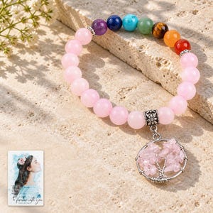 Pink Bead Tree Charm Bracelet, shown in natural light. A sample personalized digital greeting card is shown alongside.