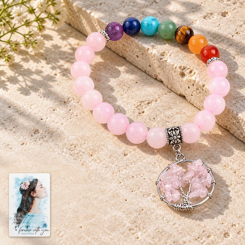 Pink Bead Tree Charm Bracelet, shown in natural light. A sample personalized digital greeting card is shown alongside.