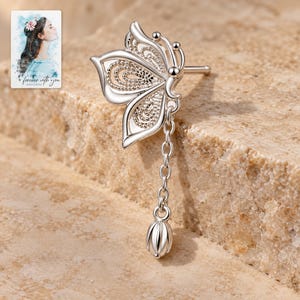 Butterfly Drop Earrings, close-up of the details. A sample personalized digital greeting card is shown alongside.