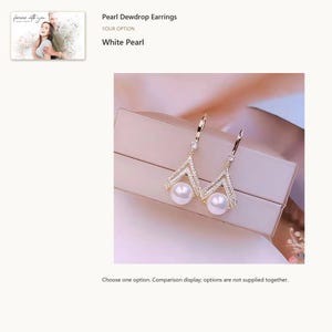White pearl look. Pearl Look Drop Earrings. A personalized digital greeting card is shown. Select the pictured option when ordering.