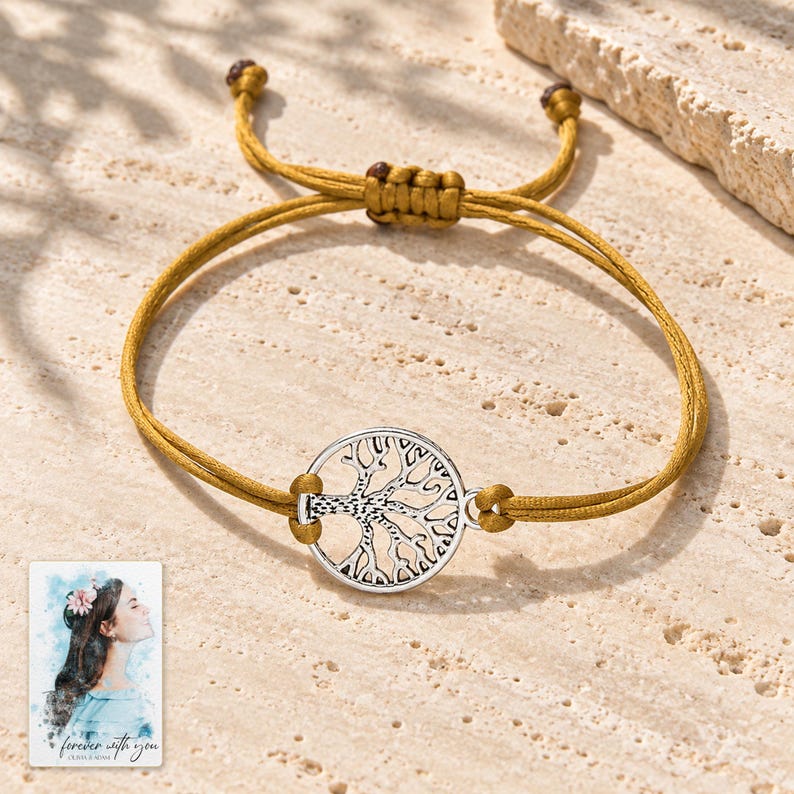 Tree of Life Cord Bracelet, shown in natural light. A sample personalized digital greeting card is shown alongside.