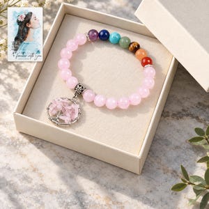 Pink Bead Tree Charm Bracelet, displayed in a presentation box. A sample personalized digital greeting card is shown alongside.